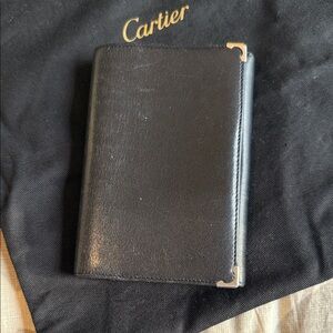 Cartier Cabochon Bifold Clasp Purse Wallet Black Leather Silver Hardware -GUC